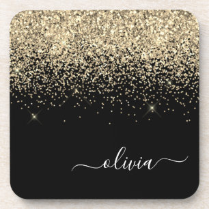 Gold Black Glitter Script Monogram Girly Name Coaster