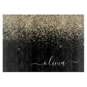 Gold Black Glitter Script Monogram Girly Name Cutting Board