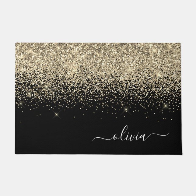 Gold Black Glitter Script Monogram Girly Name Doormat (Front)
