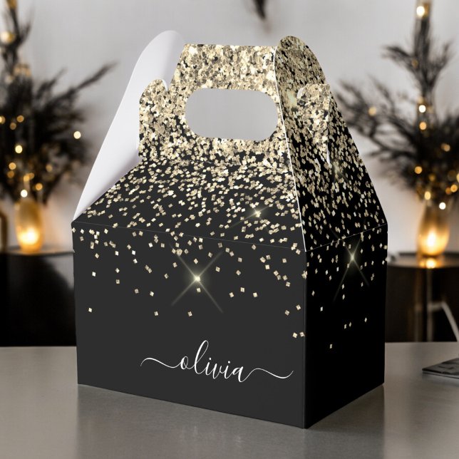 Gold Black Glitter Script Monogram Girly Name Favour Box (Creator Uploaded)