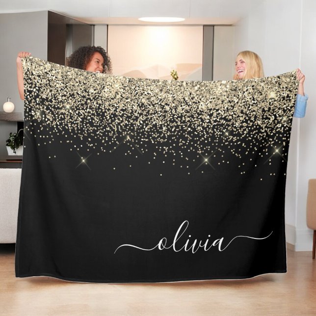 Gold Black Glitter Script Monogram Girly Name Fleece Blanket (Creator Uploaded)