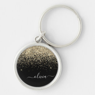 Gold Black Glitter Script Monogram Girly Name Key Ring