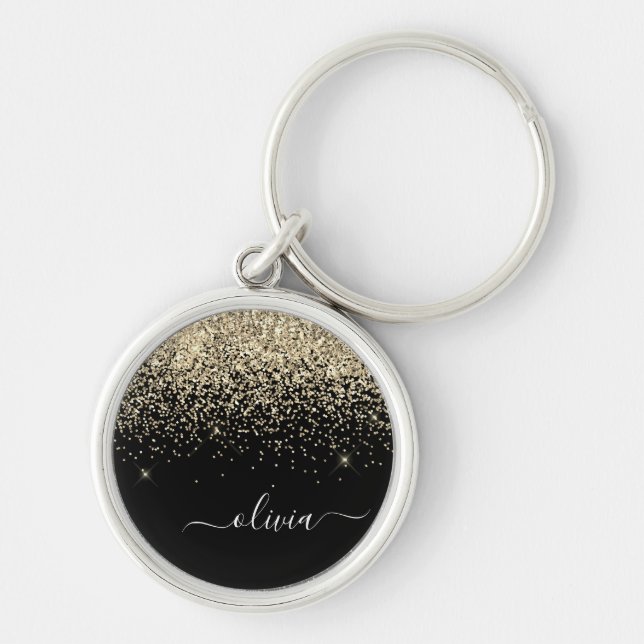 Gold Black Glitter Script Monogram Girly Name Key Ring (Front)