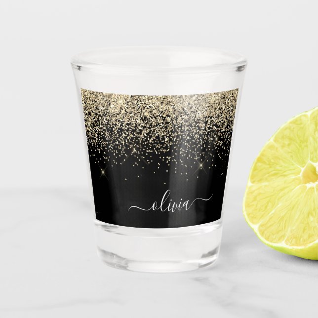 Gold Black Glitter Script Monogram Girly Name Shot Glass (Front)