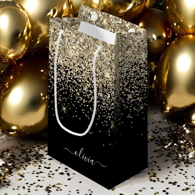 Gold Black Glitter Script Monogram Girly Name Small Gift Bag (Creator Uploaded)