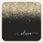 Gold Black Glitter Script Monogram Girly Name Square Paper Coaster<br><div class="desc">Black and Gold Sparkle Glitter Script Monogram Name Paper Coasters. This makes the perfect graduation,  birthday,  wedding,  bridal shower,  anniversary,  baby shower or bachelorette party gift for someone that loves glam luxury and chic styles.</div>