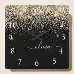 Gold Black Glitter Script Monogram Girly Name Square Wall Clock<br><div class="desc">Gold and Black Sparkle Glitter Script Monogram Name Clock. This makes the perfect sweet 16 birthday,  wedding,  bridal shower,  anniversary,  baby shower or bachelorette party gift for someone that loves glam luxury and chic styles.</div>