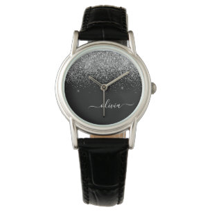 Gold Black Glitter Script Monogram Girly Name Watch