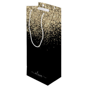 Gold Black Glitter Script Monogram Girly Name Wine Gift Bag