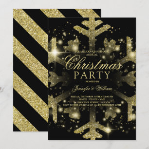 Gold & Black Glitter Snowflake Xmas Holiday Party Invitation