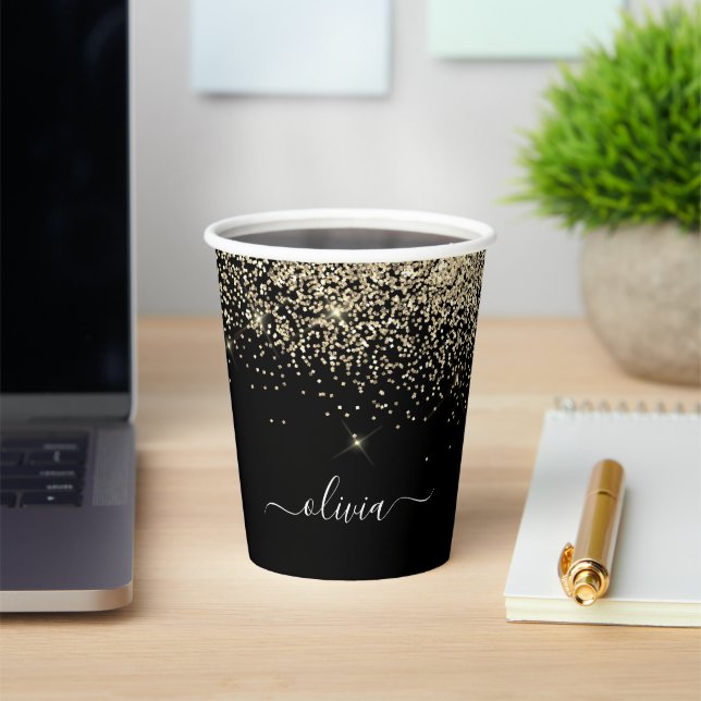 Gold Black Glitter Sparkle Monogram Paper Cups (Insitu)