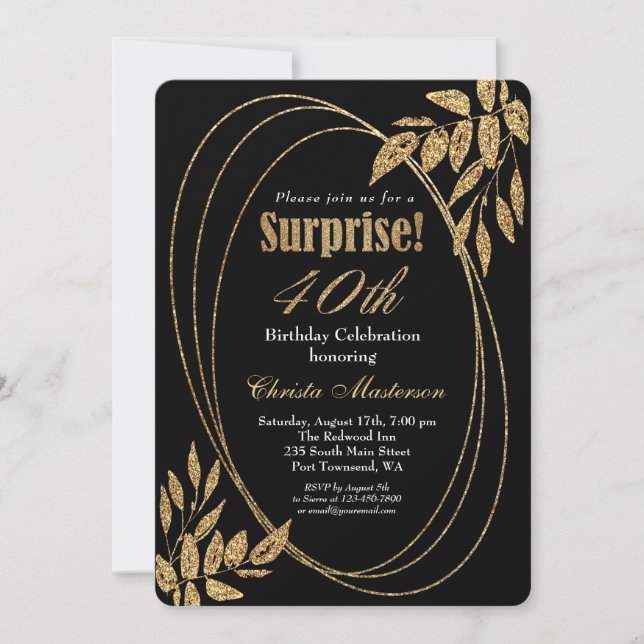 Gold Black Glitter Surprise 40th Birthday Party Invitation (Front)
