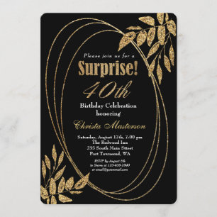 Gold Black Glitter Surprise 40th Birthday Party Invitation