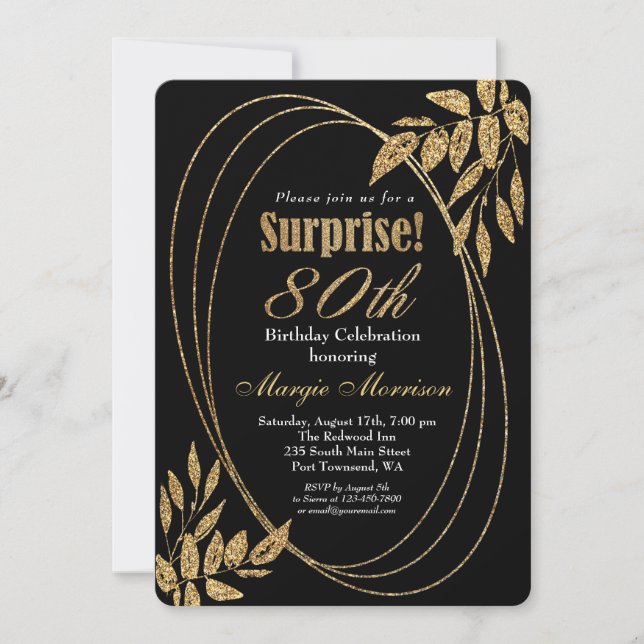 Gold Black Glitter Surprise 80th Birthday Party Invitation (Front)