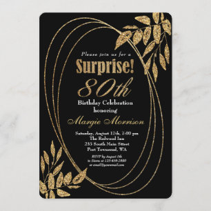 Gold Black Glitter Surprise 80th Birthday Party Invitation
