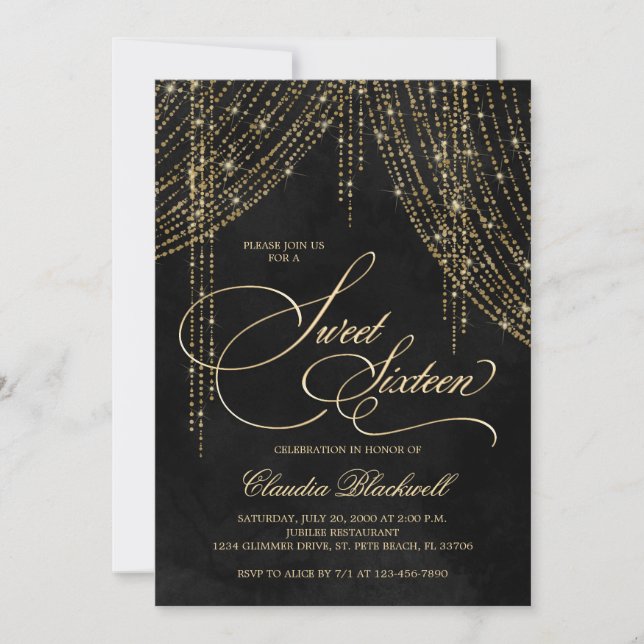 Gold Black Glitter Sweet 16 Birthday Invitation (Front)