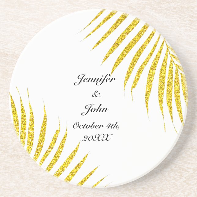 Gold Black Glittery Wedding Gift Favour Palm Leaf  Coaster (Front)