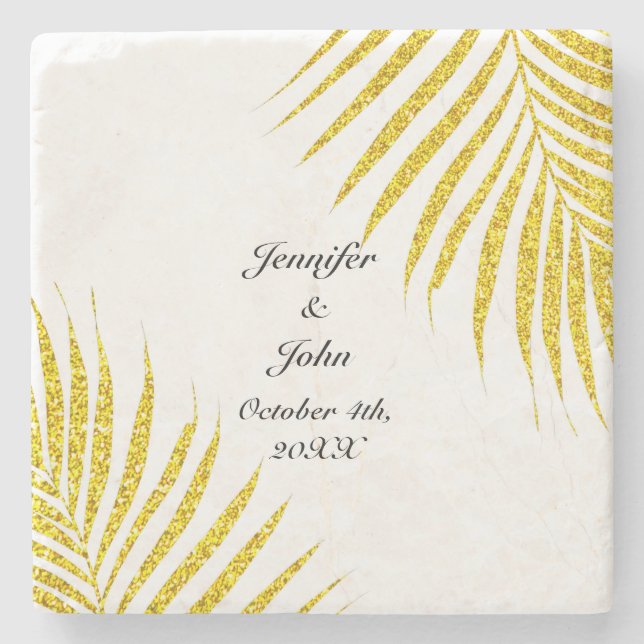 Gold Black Glittery Wedding Gift Favour Palm Leaf  Stone Coaster (Front)