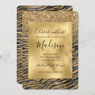 Gold Black Glitzy Glitter Sparkle Zebra Print Invitation