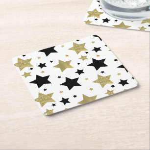 Gold Black Glitzy Stars Square Paper Coaster