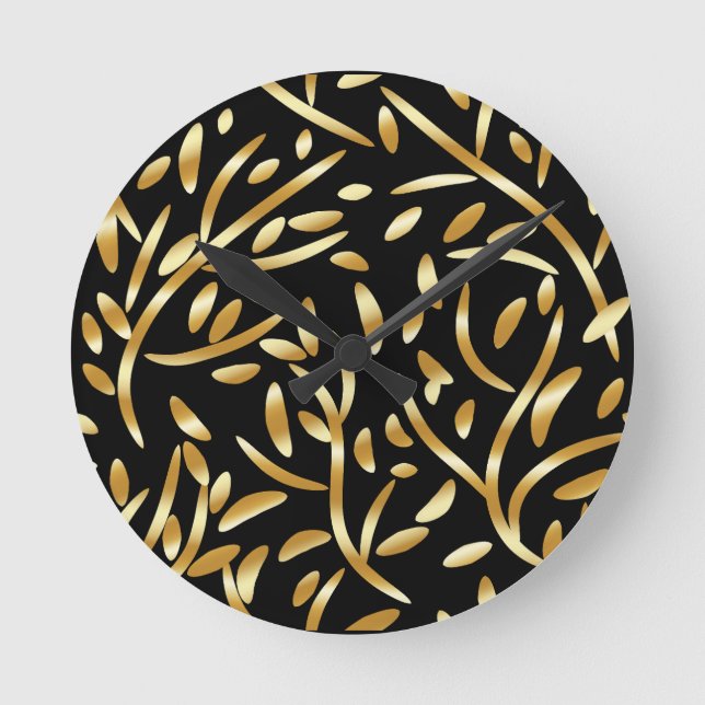 Gold Black Gradient Leaves Botanical Floral Patter Round Clock (Front)