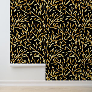 Gold Black Gradient Leaves Botanical Floral Patter Wallpaper