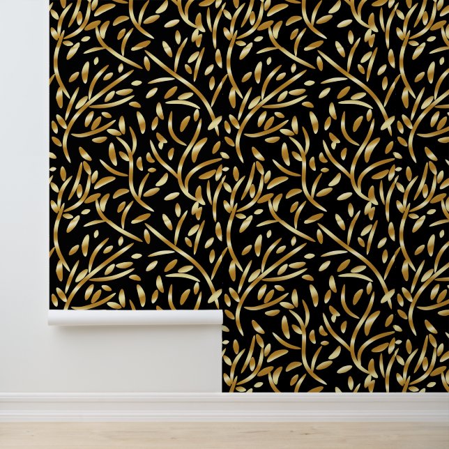 Gold Black Gradient Leaves Botanical Floral Patter Wallpaper (Application)