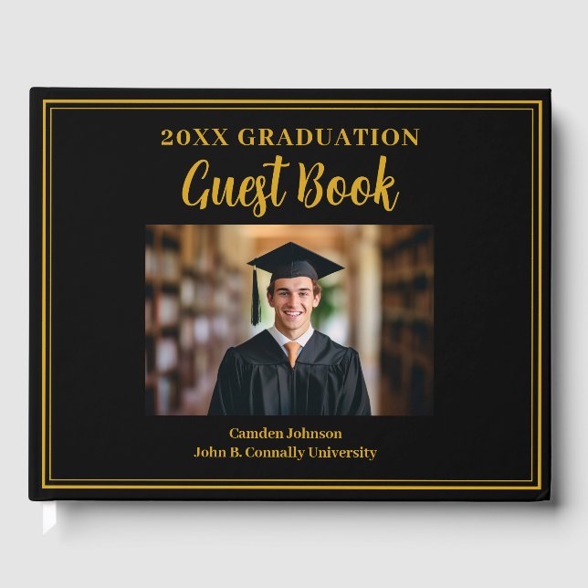 Gold Black Graduate Photo Formal Graduation Party Guest Book (Front)
