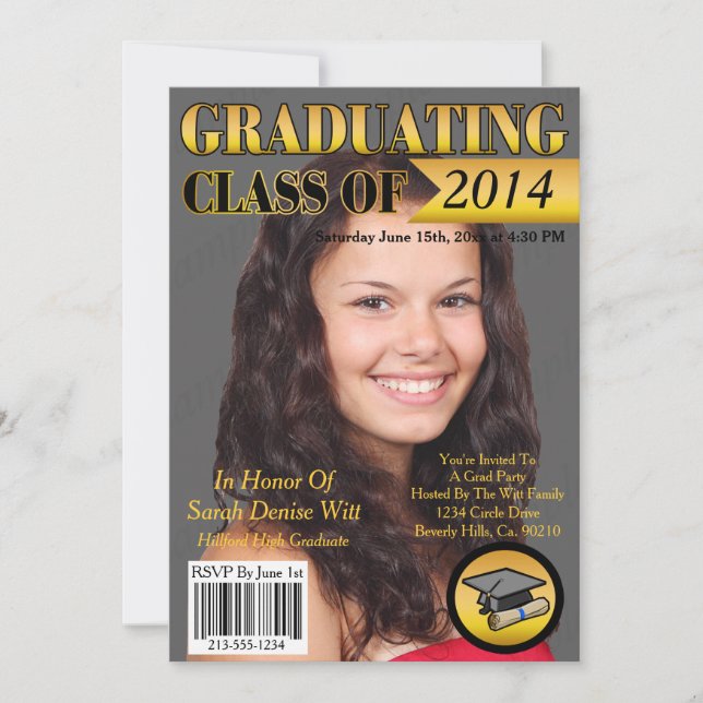 Gold & Black Graduating Class Magazine Cover Invitation (Front)