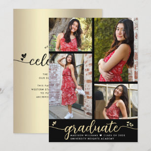 Gold Black Graduation 4 Photo Calligraphy Hearts Announcement