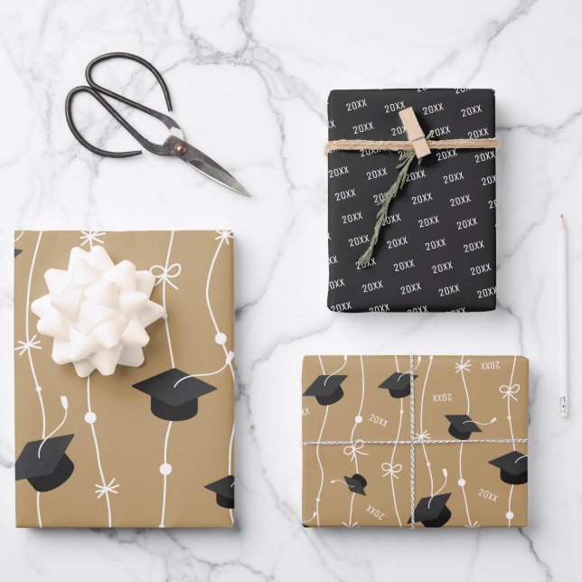 Gold & Black Graduation Cap Toss Wrapping Paper (Front)