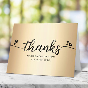 Gold Black Graduation Modern Elegant Script Hearts Thank You Card