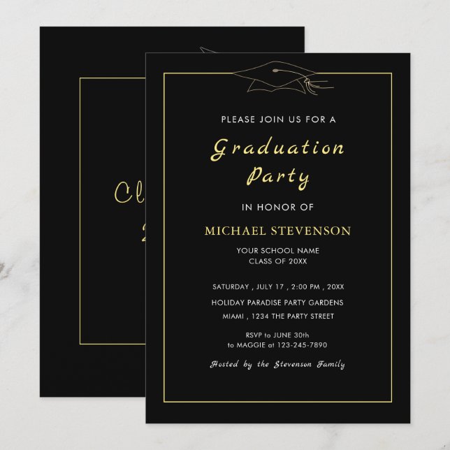 Gold Black Graduation Party Invitation Personalise (Front/Back)