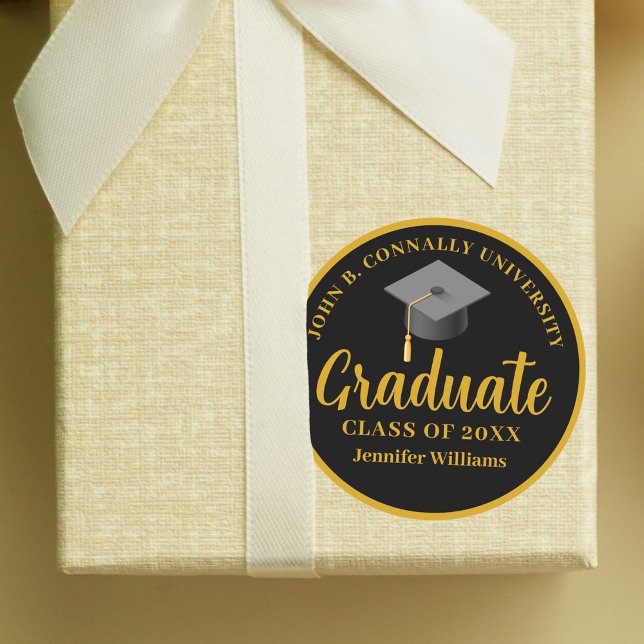 Gold Black Graduation Party Personalised Graduate Classic Round Sticker (Creator Uploaded)