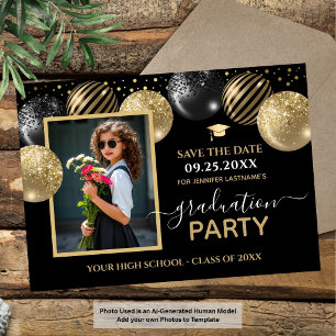 Gold Black Graduation Party Photo Save the Date Invitation