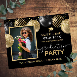 Gold Black Graduation Party Photo Save the Date Postcard