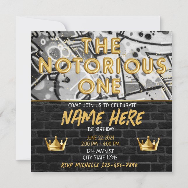 Gold Black Graffiti Crown Notorious ONE Birthday Invitation (Front)