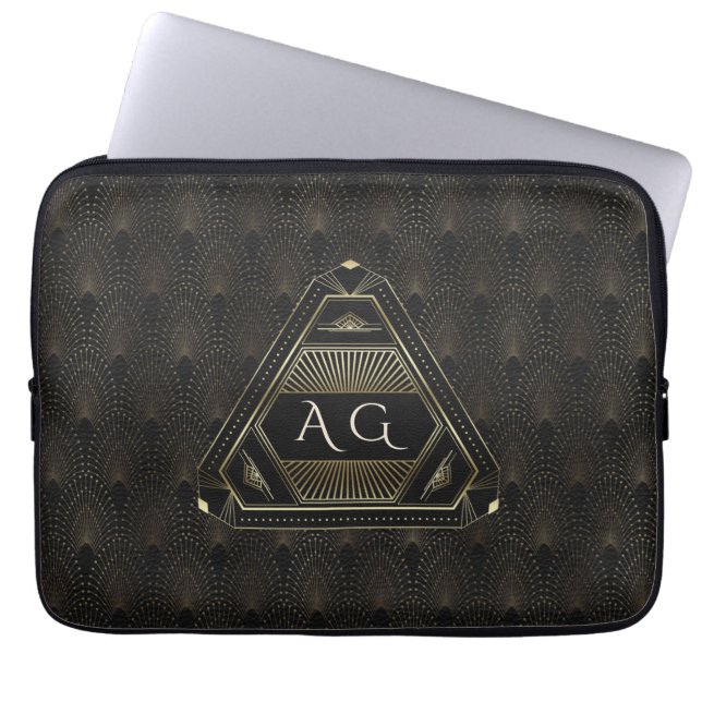 Gold Black Great Gatsby Art Deco 20s Monogram Laptop Sleeve (Front)