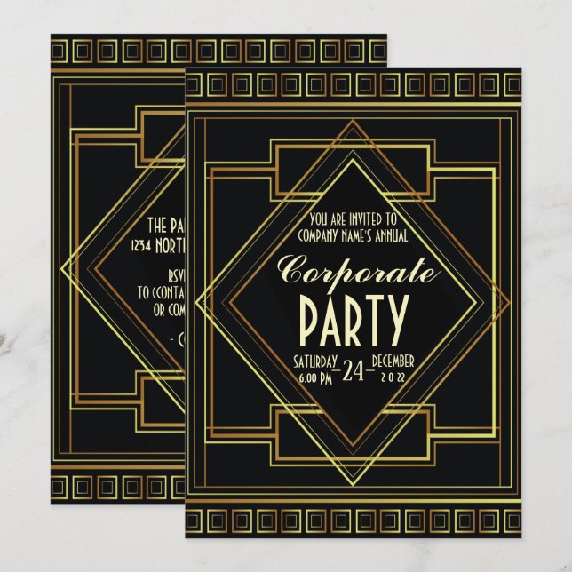 gold black great gatsby Corporate Holiday Party Invitation (Front/Back)