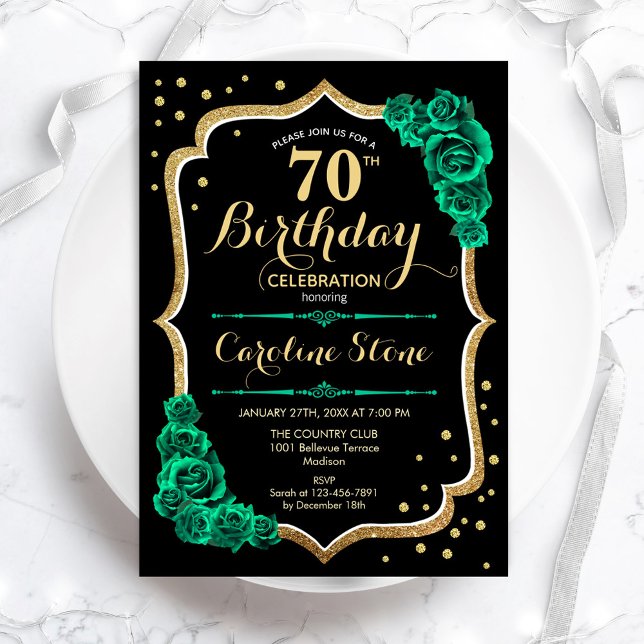 Gold Black Green Roses 70th Birthday Invitation (Creator Uploaded)