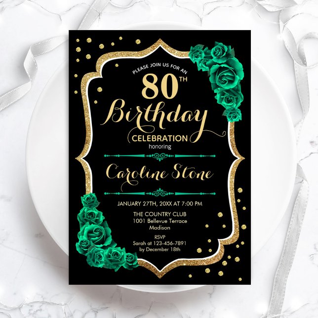 Gold Black Green Roses 80th Birthday Invitation (Creator Uploaded)