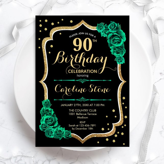 Gold Black Green Roses 90th Birthday Invitation (Creator Uploaded)