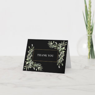 Gold Black Greenery Leaves Wedding Thank You Card