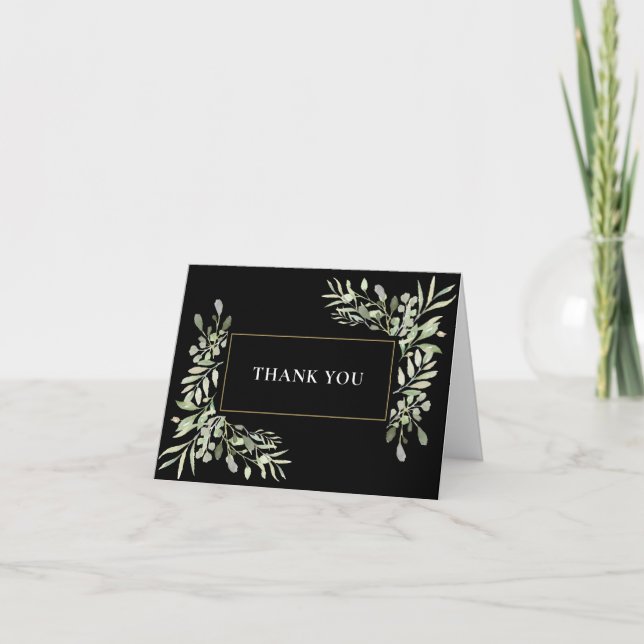 Gold Black Greenery Leaves Wedding Thank You Card (Front)