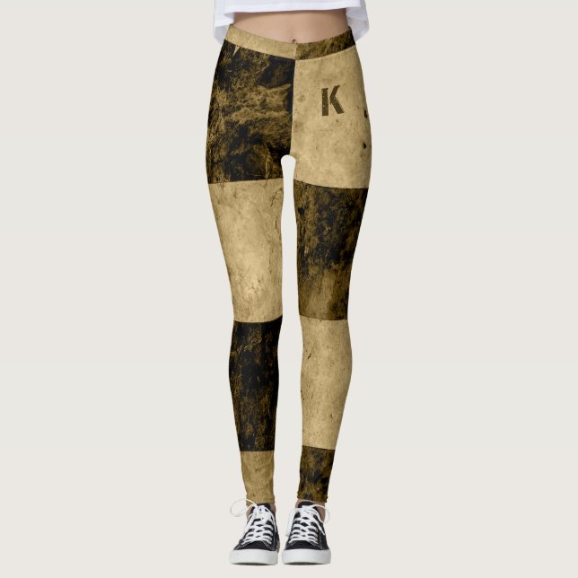 Gold Black Grunge Tiles Monogram Personalised Leggings (Front)