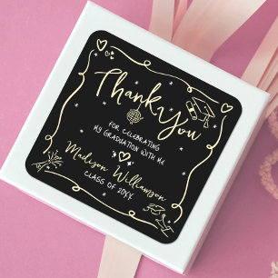 Gold Black Hand Drawn Doodles Graduation Thank You Square Sticker