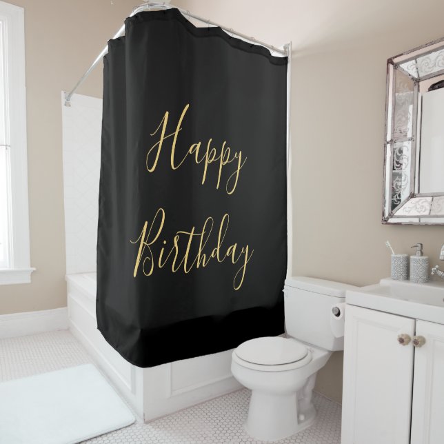 Gold Black Happy Birthday Bathroom Decor Custom Shower Curtain (In Situ)
