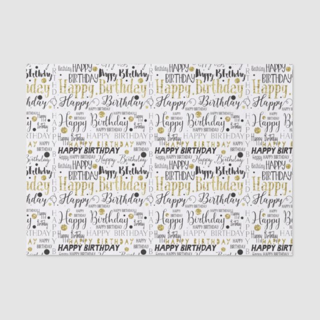 Gold Black Happy Birthday Confetti Tissue Paper (Front)