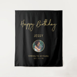 Gold & Black Happy Birthday Photo Party Backdrop Tapestry