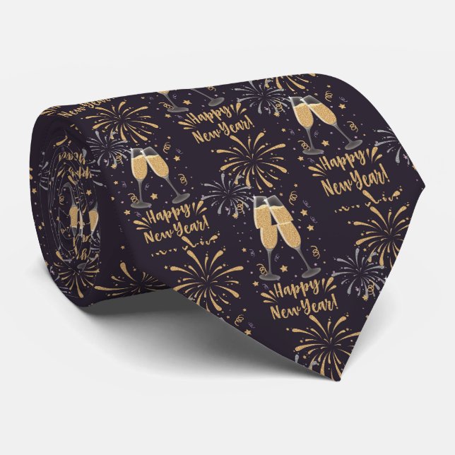 Gold Black Happy New Year Champagne Glasses Men's Tie (Rolled)